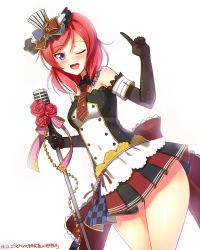 Rule 34 | 10s, 1girl, ;d, alternate costume, black gloves, cafe maid (love live!), elbow gloves, gloves, hat, highres, idol, looking at viewer, love live!, love live! school idol festival, love live! school idol project, microphone stand, mini hat, mini top hat, miniskirt, musical note, nishikino maki, off shoulder, one eye closed, open mouth, pleated skirt, pointing, pointing up, purple eyes, red hair, short hair, skirt, smile, solo, top hat, treble clef, yu-ta