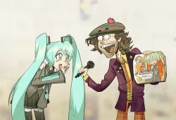 Rule 34 | 1boy, 1girl, aqua eyes, aqua hair, aqua necktie, beard, black skirt, black thighhighs, blush, brown hair, collared shirt, commentary, detached sleeves, domino&#039;s pizza, english commentary, facial hair, glasses, green hat, grey shirt, hair ornament, hat, hatsune miku, highres, holding, holding microphone, jacket, long hair, long sleeves, looking at another, medium hair, messy hair, microphone, nardwuar, necktie, open mouth, orange necktie, pants, pizza box, plaid, plaid pants, pleated skirt, purple jacket, real life, robert gilliam, shirt, skirt, teeth, thighhighs, toon (style), twintails, upper teeth only, vocaloid, yellow shirt