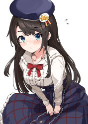 Rule 34 | 1girl, absurdres, anbasa (amaneyuz13), beret, black hair, blue eyes, blush, bow, bowtie, collarbone, frilled shirt, frilled skirt, frills, hat, highres, hololive, long hair, long sleeves, looking at viewer, official art, oozora subaru, oozora subaru (casual), plaid, plaid skirt, purple skirt, red bow, shirt, simple background, skirt, solo, virtual youtuber, white background