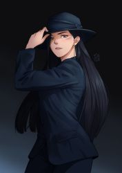 Rule 34 | 1girl, animification, black background, black eyes, black hat, black jacket, black pants, black theme, commentary, earrings, english commentary, from side, hair behind ear, hat, iskaydi, jacket, jewelry, k-pop, long hair, mamamoo, pants, parted lips, real life, solo, very long hair, wheein (mamamoo)