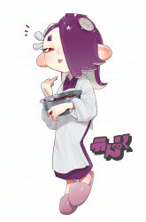 Rule 34 | 1girl, bowl, cephalopod eyes, commentary request, eyelashes, full body, hair over one eye, highres, holding, holding bowl, inkling (language), looking at viewer, medium hair, nintendo, notice lines, octoling, pink footwear, puchiman, purple hair, red bean paste, red eyes, shiver (splatoon), simple background, slippers, solo, splatoon (series), splatoon 3, standing, standing on one leg, tentacle hair, thick eyebrows, tongue, tongue out, white background
