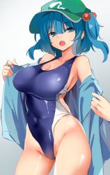 Rule 34 | 1girl, blue eyes, blue hair, blue one-piece swimsuit, blue shirt, breasts, cleavage, commentary request, competition swimsuit, contrapposto, covered navel, cowboy shot, flat cap, gradient background, green hat, grey background, hair bobbles, hair ornament, hat, highleg, highleg swimsuit, highres, kamukamu (ars), kawashiro nitori, large breasts, long sleeves, one-piece swimsuit, open mouth, shirt, short twintails, sidelocks, solo, swimsuit, touhou, twintails, two side up