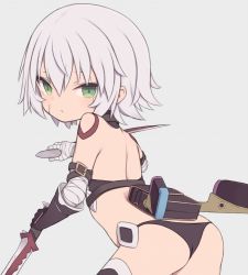 Rule 34 | 1girl, arm belt, ass, back, bandaged arm, bandages, bare shoulders, black panties, dagger, dual wielding, facial scar, fate/apocrypha, fate/grand order, fate (series), gamuo, green eyes, holding, holding dagger, holding knife, holding weapon, jack the ripper (fate/apocrypha), knife, looking at viewer, looking back, panties, parted lips, pouch, scar, scar across eye, scar on cheek, scar on face, short hair, shoulder tattoo, simple background, solo, tattoo, underwear, weapon, white hair