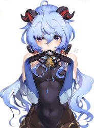 Rule 34 | 1girl, ahoge, bare shoulders, bell, black leotard, blue gloves, blue hair, blush, bodystocking, breasts, brown pantyhose, covered navel, elbow gloves, ganyu (genshin impact), genshin impact, gloves, highleg, highleg leotard, horns, large breasts, leotard, long hair, looking at viewer, pantyhose, purple eyes, smile, solo, tooya daisuke