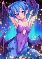 Rule 34 | 1girl, armpits, arms behind head, bat wings, blue hair, breasts, capcom, covered navel, demon girl, haruhata4814, legs, lilith aensland, parted lips, purple eyes, seductive smile, short hair, small breasts, smile, solo, thighs, vampire (game), wings