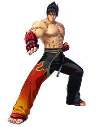 Rule 34 | 1boy, abs, bandai namco, belt, black hair, brown eyes, elbow gloves, fighting stance, fingerless gloves, flame print, gloves, kazama jin, male focus, muscular, namco, official art, project x zone, solo, spiked hair, tekken, toeless legwear, toes, topless male