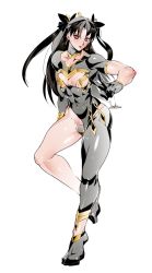Rule 34 | black gloves, black hair, bodysuit, bowalia, breasts, crown, fate/grand order, fate (series), gloves, highres, ishtar (fate), long hair, looking at viewer, muscular, muscular female, red eyes, simple background, standing, twintails, v, victory pose, white background