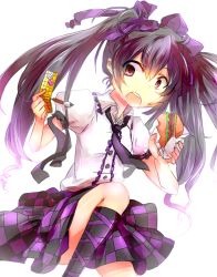 Rule 34 | 1girl, :o, bad id, bad pixiv id, black skirt, blush, burger, calligraphy brush, cellphone, checkered clothes, checkered skirt, cross-laced footwear, food, hair ribbon, hat, himekaidou hatate, knee up, kneehighs, long hair, looking to the side, necktie, open mouth, paintbrush, phone, puffy short sleeves, puffy sleeves, purple eyes, purple skirt, ribbon, round teeth, short sleeves, skirt, socks, solo, teeth, tokin hat, touhou, twintails, very long hair, white background, yuichiitan