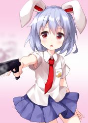 Rule 34 | 1girl, animal ears, blue hair, blue sky, collared shirt, crescent, crescent pin, gun, highres, holding, holding gun, holding weapon, looking to the side, medium hair, necktie, open mouth, pink background, pleated skirt, rabbit ears, red eyes, red necktie, reisen, ruu (tksymkw), shirt, short sleeves, simple background, skirt, sky, smoke, smoking gun, solo, standing, touhou, v-shaped eyebrows, weapon, white shirt