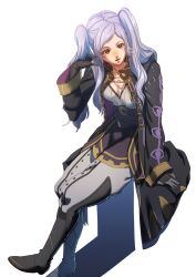 Rule 34 | 1girl, aduti momoyama, black coat, black footwear, black gloves, boots, breasts, cleavage, coat, fire emblem, fire emblem awakening, gloves, grey gloves, grey pants, hand up, highres, light purple hair, long hair, long sleeves, medium breasts, nintendo, open clothes, open coat, open mouth, pants, robin (female) (fire emblem), robin (fire emblem), simple background, sitting, solo, teeth, twintails, two-tone gloves, upper teeth only, white background, yellow eyes