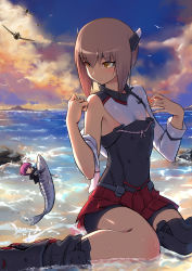 Rule 34 | 10s, 2girls, absurdres, aircraft, bike shorts, brown hair, fairy (kancolle), fish, headgear, highres, kantai collection, multiple girls, ocean, partially submerged, reppuu (kancolle), riding, short hair, sitting, sky, sunset, taihou (kancolle), wariza, water, wet, worst (am-worst), yellow eyes