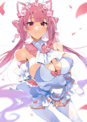 Rule 34 | 1girl, :3, arms under breasts, bare shoulders, blue dress, blue ribbon, breasts, cleavage, detached sleeves, dress, flower, frilled headwear, frilled skirt, frills, hair flower, hair ornament, highres, indie virtual youtuber, kasumi komo, large breasts, light blush, long hair, looking at viewer, pink eyes, pink flower, pink garter straps, pink hair, pink ribbon, red nails, ribbon, simple background, skirt, solo, thighhighs, tsumuka aisha, twintails, two-tone dress, virtual youtuber, white background, white dress, white thighhighs