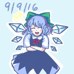 Rule 34 | +++, 10s, 1girl, 2016, :d, blue dress, blue eyes, blue hair, blush, bow, cirno, crossed arms, dated, dress, closed eyes, hair bow, hair ornament, half updo, happy, holding stomach, ice, ice wings, large bow, lowres, maditsu, matching hair/eyes, open mouth, short sleeves, smile, solo, touhou, wings