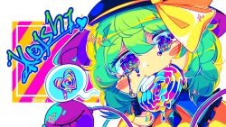 Rule 34 | 1girl, @ @, artist name, black hat, blouse, blush stickers, candy, character name, crying, food, frilled shirt collar, frills, green hair, hair between eyes, hat, hat ribbon, heart, highres, holding, holding candy, holding food, holding lollipop, komeiji koishi, lollipop, looking at viewer, medium hair, multicolored eyes, portrait, ribbon, shirt, solo, speech bubble, spoken heart, tears, third eye, touhou, yellow ribbon, yellow shirt, zuomerika