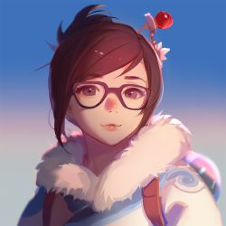 Rule 34 | 1girl, ask (askzy), beads, black-framed eyewear, brown eyes, brown hair, canister, coat, cropped, drone, fur-trimmed jacket, fur coat, fur trim, glasses, hair bun, hair ornament, hair stick, hairpin, jacket, lips, looking at viewer, mei (overwatch), overwatch, overwatch 1, parka, robot, short hair, single hair bun, smile, snowball (overwatch), snowflake hair ornament, solo, upper body, winter clothes, winter coat