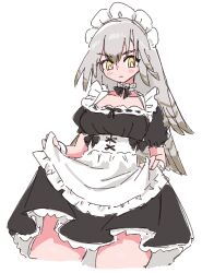 Rule 34 | 1girl, alternate costume, apron, arknights, bird girl, black dress, breasts, bright pupils, clothes lift, commentary, cropped legs, dress, enmaided, fartooth (arknights), feather hair, feathered wings, grey hair, long hair, looking at viewer, maid, maid headdress, medium breasts, nikukabe, simple background, sketch, skirt, skirt lift, solo, waist apron, white apron, white background, white pupils, white wrist cuffs, wings, wrist cuffs, yellow eyes