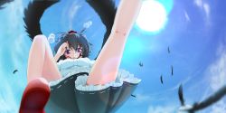 Rule 34 | 1girl, bird wings, black hair, black skirt, black wings, day, feathers, frilled skirt, frills, from below, geta, hat, kneepits, looking at viewer, open mouth, pom pom (clothes), purple eyes, red footwear, shameimaru aya, shirt, shoes, short hair, skirt, sky, solo, sun, tengu-geta, tokin hat, touhou, triangle mouth, white shirt, wings, yocchi (tenyunkel)