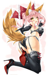 Rule 34 | 1girl, :d, animal ear fluff, animal ears, ass, black bra, black panties, black thighhighs, bow, bra, breasts, cameltoe, elbow gloves, fang, fate/grand order, fate (series), fox ears, fox tail, garter belt, garter straps, gloves, hair bow, high heels, highres, kamiya tomoe, lace, lace-trimmed legwear, lace trim, large breasts, looking at viewer, louboutins, open mouth, panties, pink hair, pumps, shoes, smile, solo, stiletto heels, tail, tamamo (fate), tamamo cat (fate), tamamo no mae (fate/extra), thighhighs, underwear, underwear only, yellow eyes