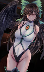 Rule 34 | 1girl, adapted costume, arms behind back, bare shoulders, bird wings, black thighhighs, black wings, blush, bow, breasts, brown hair, closed mouth, collarbone, covered collarbone, cowboy shot, dutch angle, feathered wings, green bow, hair between eyes, hair bow, highres, large breasts, leotard, light frown, long hair, looking at viewer, navel, nose blush, orange eyes, reiuji utsuho, shiro rekon, solo, strapless, strapless leotard, thighhighs, touhou, very long hair, white leotard, wings