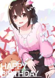 Rule 34 | 1girl, ankimo (tokino sora), blouse, blush, box, bracelet, brown eyes, brown hair, collarbone, commentary, english text, gift, gift box, hair ornament, hairclip, happy birthday, highres, hololive, jewelry, long hair, long sleeves, looking at viewer, open mouth, pink shirt, purin a la mode (popup), shirt, smile, solo, star (symbol), star hair ornament, teeth, tokino sora, tokino sora (casual), upper teeth only, virtual youtuber