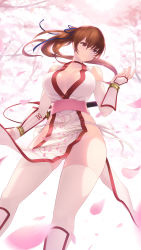 Rule 34 | 1girl, bare shoulders, breasts, brown eyes, brown hair, cait aron, choker, cleavage, closed mouth, dead or alive, detached sleeves, highres, japanese clothes, kasumi (doa), large breasts, lifting own clothes, long hair, looking at viewer, pelvic curtain, petals, ponytail, ribbon, sash, solo, standing, sword, thighhighs, thighs, weapon, white thighhighs