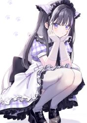 Rule 34 | 1girl, absurdres, black hair, blush, bow, bowtie, closed mouth, elbow gloves, gloves, highres, long hair, looking at viewer, maid, maid headdress, misumi (macaroni), original, purple eyes, short sleeves, squatting, thighhighs, white thighhighs