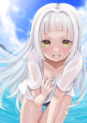 Rule 34 | 1girl, beach, blunt bangs, blush, breasts, clothes pull, cloud, collarbone, grey hair, grin, hair intakes, highres, hololive, leaning forward, long hair, looking at viewer, murasaki shion, otsu hai18, shirt, shirt pull, short eyebrows, sky, small breasts, smile, virtual youtuber, water, wet, wet clothes, wet shirt, yellow eyes