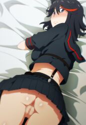 Rule 34 | 1girl, :&lt;, anus, ass, ass focus, bed, black hair, blue eyes, blush, censored, commentary, english commentary, from behind, highres, kill la kill, looking at viewer, lying, matoi ryuuko, midriff, mosaic censoring, multicolored hair, no panties, on bed, on stomach, pussy, red hair, short hair, solo, streaked hair, suspenders, two-tone hair, zuharu