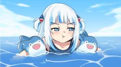 Rule 34 | 1girl, :t, afloat, animated, blue eyes, blue hair, blue sky, blunt bangs, blush, cloud, collarbone, day, dudul, gawr gura, gawr gura (1st costume), hair ornament, hololive, hololive english, inflatable armbands, long hair, looking to the side, looping animation, lowres, multicolored hair, outdoors, pout, sky, solo, streaked hair, swimsuit, two-tone hair, two side up, v-shaped eyebrows, video, virtual youtuber, water, white hair