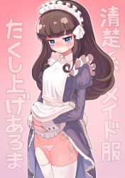Rule 34 | 1girl, absurdres, alternate costume, apron, black dress, blush, closed mouth, clothes lift, cowboy shot, dress, dress lift, embarrassed, enmaided, frilled dress, frills, hairband, highres, japanese text, kurosu aroma, lifting own clothes, long hair, long sleeves, maid, panties, pretty series, pripara, puffy sleeves, side-tie panties, solo, thighhighs, toranoe, translation request, underwear, white apron, white panties, white thighhighs