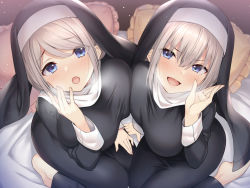 Rule 34 | 2girls, :o, asymmetrical docking, barefoot, bed, bed sheet, black dress, blue eyes, blush, breast press, breasts, dress, fingernails, frilled pillow, frills, habit, hair between eyes, hand to own mouth, highres, indoors, kokusan moyashi, large breasts, long hair, long sleeves, looking at viewer, multiple girls, nail polish, non-web source, nun, on bed, open mouth, original, pillow, pink nails, pov, siblings, sisters, sitting, smile, take your pick, traditional nun, twins, veil