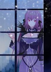 Rule 34 | 1girl, breasts, cleavage, dress, expressionless, fate/grand order, fate (series), fur trim, hair between eyes, hair ribbon, hand on window, highres, hyakuichi, jewelry, large breasts, long hair, looking at viewer, purple dress, purple hair, red eyes, ribbon, scathach (fate), scathach skadi (fate), solo, tiara, white background, wide sleeves, window
