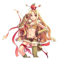 Rule 34 | absurdres, apple, apple o archer, arrow (projectile), blonde hair, bow (weapon), food, food as clothes, fruit, hand on own hip, highres, hip focus, ragnarok online, ribbon, sniper, sniper (ragnarok online), solo, thighhighs, transparent background, weapon