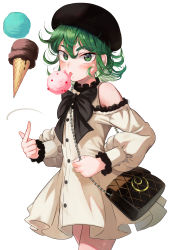 Rule 34 | 1girl, absurdres, bag, beret, black bow, black bowtie, black hat, bow, bowtie, clothing cutout, commentary request, curly hair, dress, female focus, floating, food, green eyes, green hair, hair between eyes, hat, highres, ice cream, licking, looking at viewer, matching hair/eyes, md5 mismatch, one-punch man, resolution mismatch, short hair, shoulder cutout, simple background, solo, source smaller, tatsumaki, thighs, torriet, white background, white dress