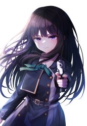 Rule 34 | 1girl, black hair, closed mouth, commentary request, dress, green ribbon, gun, highres, holding, holding gun, holding weapon, inoue takina, long hair, long sleeves, looking at viewer, lycoris recoil, neck ribbon, pinafore dress, pointing, pointing at viewer, purple eyes, ribbon, school uniform, shishou (doragyurosu), simple background, sleeveless dress, solo, upper body, weapon, white background