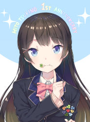 Rule 34 | 1girl, anniversary, black hair, black jacket, blazer, blue eyes, bow, bowtie, cardigan, clenched hand, closed mouth, clover, english text, flower, four-leaf clover, hair ornament, hairclip, highres, holding, holding flower, index finger raised, jacket, long hair, long sleeves, looking at viewer, mouth hold, nijisanji, otousan952, pink bow, pink bowtie, portrait, school uniform, shirt, smile, solo, sparkle, tsukino mito, tsukino mito (1st costume), virtual youtuber, white shirt