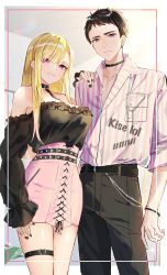 Rule 34 | 1boy, 1girl, absurdres, bare shoulders, black choker, black hair, black nails, black pants, black shirt, blonde hair, breasts, choker, collarbone, collared shirt, commentary request, dress shirt, gojou wakana, goroo (eneosu), hand on another&#039;s shoulder, hand up, high-waist skirt, highres, kitagawa marin, long hair, long sleeves, medium breasts, nail polish, off-shoulder shirt, off shoulder, pants, pink skirt, purple eyes, shirt, skirt, sleeves past wrists, sono bisque doll wa koi wo suru, striped clothes, striped shirt, thigh strap, vertical-striped clothes, vertical-striped shirt, very long hair
