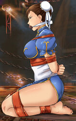 Rule 34 | 1girl, absurdres, arms behind back, ass, barefoot, bdsm, body blush, bondage, bound, bound ankles, bound arms, bound legs, bound wrists, breasts, brown eyes, brown hair, bun cover, capcom, chain, chinese clothes, chun-li, cleave gag, cloth gag, double bun, from side, gag, gagged, hair bun, highres, improvised gag, kneeling, large breasts, legs, long legs, lost one zero, nail polish, seiza, short hair, sitting, street fighter, sweat, tape, tape bondage