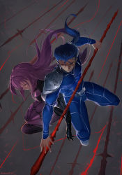 Rule 34 | 1boy, 1girl, black gloves, blue bodysuit, blue hair, bodysuit, cu chulainn (fate), cu chulainn (caster) (fate), fate/grand order, fate (series), full body, gae bolg (fate), gloves, grey background, grin, hair intakes, hair strand, highres, holding, holding spear, holding weapon, cu chulainn (fate/stay night), long hair, looking away, polearm, ponytail, purple bodysuit, purple hair, red eyes, reluvy, scathach (fate), scathach (fate), simple background, smile, spear, weapon