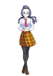 Rule 34 | 1girl, absurdres, artist request, breasts, collared shirt, crossed legs, full body, glasses, grey hair, highres, loafers, long hair, long sleeves, looking at viewer, magicami, medium breasts, necktie, official art, okada marianne, pantyhose, pleated skirt, red necktie, school uniform, shirt, shoes, sidelocks, skirt, smile, standing, transparent background, twintails, white shirt