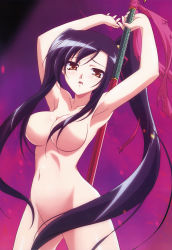 Rule 34 | 00s, 1girl, absurdres, armpits, arms up, black hair, breasts, censored, cleavage, collarbone, completely nude, convenient censoring, guandao, hair censor, hair over breasts, highres, hiratsuka tomoya, kan&#039;u (koihime musou), koihime musou, large breasts, long hair, navel, non-web source, nude, nyantype, official art, open mouth, ponytail, red eyes, scan, solo, very long hair, weapon, yellow eyes