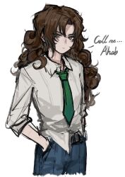 Rule 34 | 1girl, aged down, ahab (project moon), blue pants, brown hair, collared shirt, cowboy shot, curly hair, green necktie, highres, limbus company, long hair, long sleeves, looking at viewer, necktie, pants, project moon, shan23852196, shirt, solo, white shirt