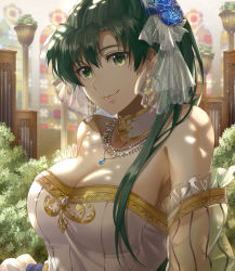 Rule 34 | 1girl, bare shoulders, blue flower, blue rose, blurry, blurry background, breasts, bridal veil, bride, cleavage, closed mouth, commentary request, delsaber, dress, earrings, female focus, fire emblem, fire emblem: the blazing blade, fire emblem heroes, flower, frills, green eyes, green hair, hair flower, hair ornament, highres, jewelry, light particles, lips, long hair, looking at viewer, lyn (bridal) (fire emblem), lyn (fire emblem), matching hair/eyes, medium breasts, necklace, nintendo, rose, simple background, smile, solo, strapless, strapless dress, striped, upper body, veil, vertical stripes, wedding dress