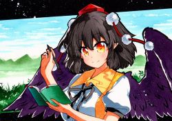 Rule 34 | 1girl, bird wings, black hair, black ribbon, black wings, blue sky, book, closed mouth, collared shirt, grass, hair between eyes, hat, holding, holding book, holding pen, looking at viewer, mountain, neck ribbon, orange eyes, outdoors, pen, pointy ears, pom pom (clothes), puffy short sleeves, puffy sleeves, qqqrinkappp, red hat, ribbon, shameimaru aya, shirt, short hair, short sleeves, sky, smile, solo, tokin hat, touhou, traditional media, upper body, white shirt, wings