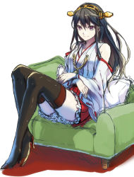 Rule 34 | 10s, 1girl, black hair, boots, detached sleeves, hairband, haruna (kancolle), japanese clothes, kantai collection, legs, long hair, long legs, nontraditional miko, personification, pillow, purple eyes, sitting, solo, thigh boots, thighhighs, thighs, yurossan, zettai ryouiki
