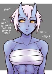 Rule 34 | 1girl, abs, absurdres, bare shoulders, blue oni, blue skin, border, breasts, collarbone, colored skin, commentary, deadslot4, demon girl, english commentary, english text, geru (deadslot4), glaring, grey background, highres, light blush, looking at viewer, medium bangs, medium breasts, midriff, muscular, muscular female, oni, original, pointy ears, pov, short hair, solo, white border, white hair, yellow eyes