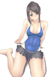 Rule 34 | 1girl, black hair, blush, breasts, casual one-piece swimsuit, green eyes, highleg, highleg swimsuit, large breasts, looking at viewer, muffin (sirumeria), one-piece swimsuit, original, sideboob, simple background, sitting, skirt, solo, swimsuit, wariza, white background