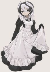 Rule 34 | 1girl, absurdres, alternate costume, apron, black dress, black gloves, breasts, closed mouth, commentary request, dress, empty eyes, enmaided, frilled apron, frills, frown, gloves, hair between eyes, hand up, highres, juliet sleeves, long sleeves, looking at viewer, made in abyss, maid, nezou (oshisamaaa), no pupils, ozen, pale skin, puffy sleeves, short hair, simple background, skirt hold, small breasts, solo, whistle, whistle around neck, white apron, white background, wing collar