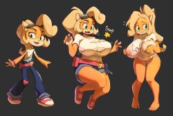 Rule 34 | 1girl, age progression, aged up, ahoge, animal ears, animal nose, averting eyes, barefoot, belt, black background, blonde hair, blue overalls, blue shorts, blush, body fur, bracelet, breast expansion, breasts, brown-framed eyewear, coco bandicoot, collarbone, covering breasts, covering privates, crash bandicoot (series), denim, denim shorts, embarrassed, english text, eyewear on head, fang, fangs, feet, female focus, flat chest, flowers-imh, flying sweatdrops, full body, furry, furry female, goggles, goggles on head, green eyes, hands up, happy, heart, highres, huge ahoge, huge breasts, jewelry, jumping, leaning forward, legs, long hair, looking to the side, midriff, navel, nipples, open mouth, orange fur, overalls, panties, pink footwear, pink panties, ponytail, raised eyebrows, shirt, shoes, short shorts, short sleeves, shorts, sidelocks, simple background, smile, sneakers, standing, striped clothes, striped panties, surprised, teeth, thick thighs, thighs, torn clothes, torn shirt, two-tone fur, undersized clothes, underwear, white shirt, wide-eyed, yellow fur