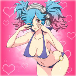 Rule 34 | 1girl, arched back, ass, bare arms, bare legs, bare shoulders, bikini, blue bikini, breasts, butt crack, cleavage, collarbone, covered erect nipples, fire emblem, fire emblem fates, hair over one eye, hair ribbon, heart, highres, large breasts, legs, looking at viewer, multicolored hair, navel, nintendo, peri (fire emblem), red eyes, ribbon, simple background, smile, solo, standing, swimsuit, thighs, yuki (12cut)